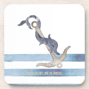 Nautical Boat Name,Anchor Dolphin Stripes Beverage Coaster