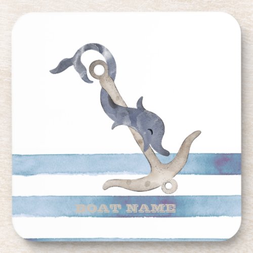 Nautical Boat NameAnchor Dolphin Stripes Beverage Coaster