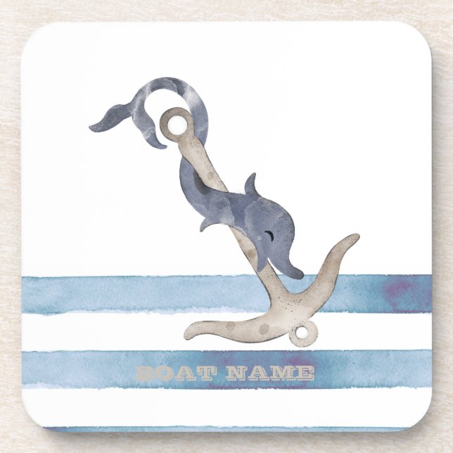 Nautical Boat Name,Anchor Dolphin Stripes Beverage Coaster (Front)