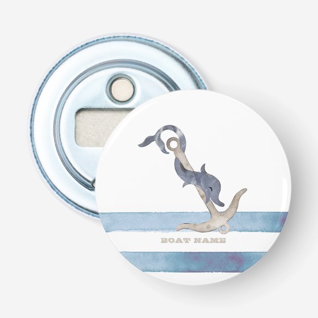 Nautical Boat Name,Anchor Dolphin Stripes  Bottle Opener (Front)