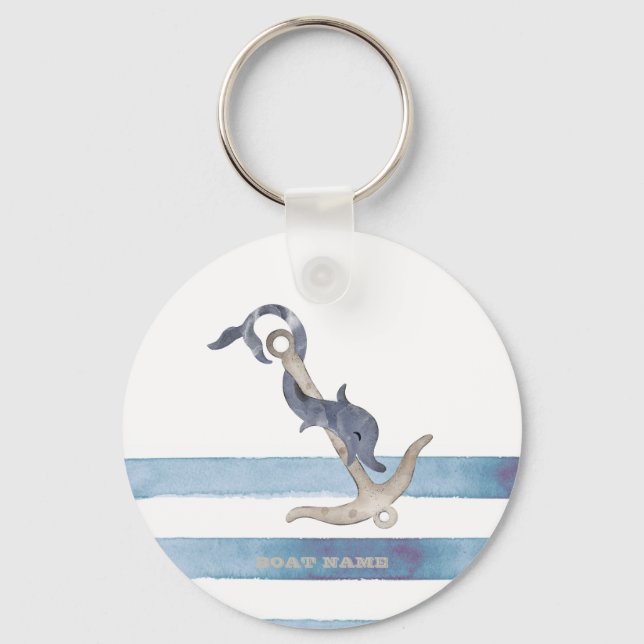 Nautical Boat Name,Anchor Dolphin Stripes  Keychain (Front)