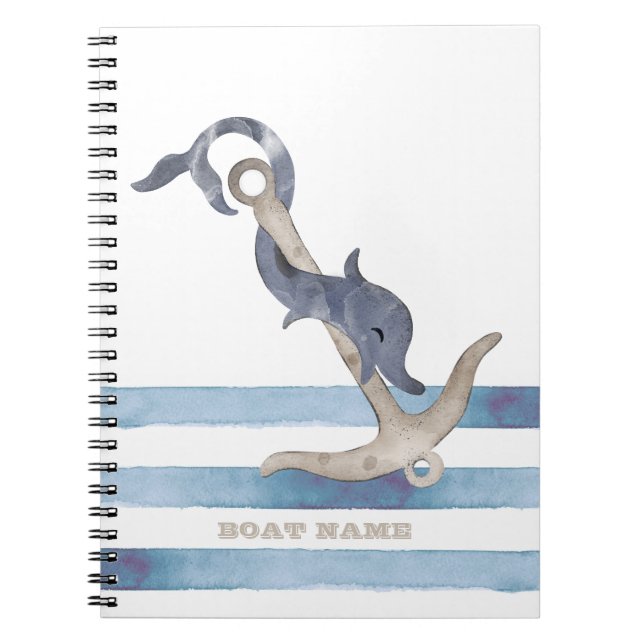 Nautical Boat Name,Anchor Dolphin Stripes  Notebook (Front)
