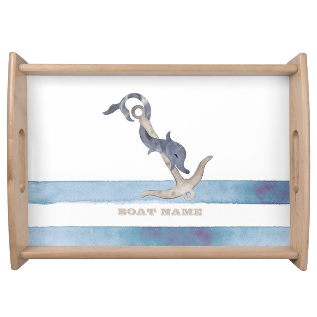 Nautical Boat Name,Anchor Dolphin Stripes   Serving Tray (Front)