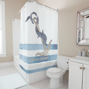 Nautical Boat Name,Anchor Dolphin Stripes Shower Curtain