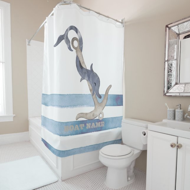 Nautical Boat Name,Anchor Dolphin Stripes Shower Curtain (In Situ)