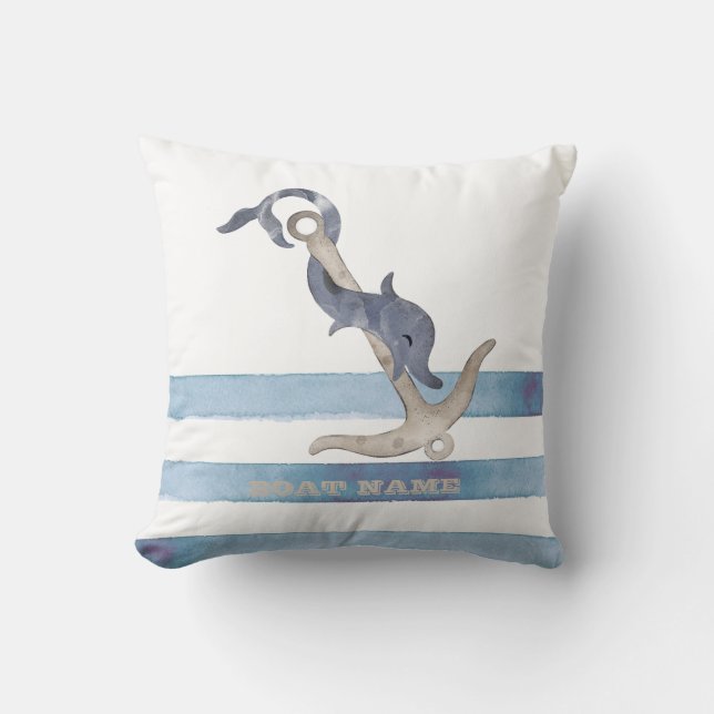 Nautical Boat Name,Anchor Dolphin Stripes  Throw Pillow (Front)