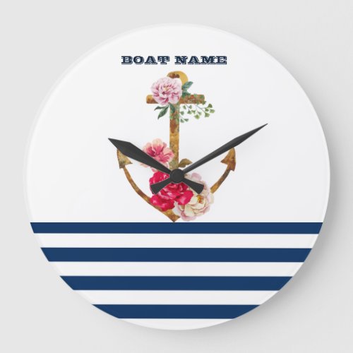 Nautical Boat NameAnchorFloral Navy Blue Stripes Large Clock