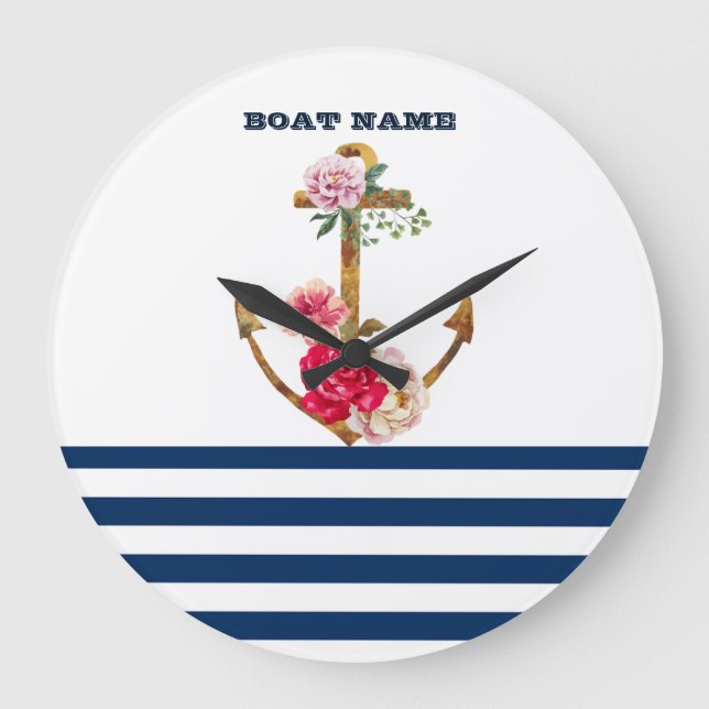Nautical Boat Name,Anchor,Floral Navy Blue Stripes Large Clock (Front)