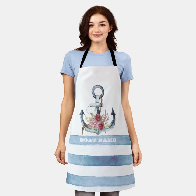 Nautical Boat Name,Anchor Flowers Stripes Apron (Worn)