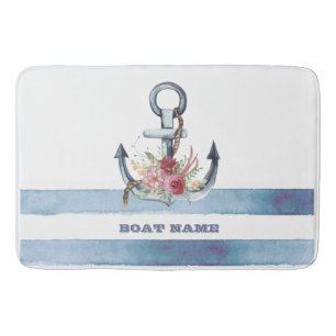 Nautical Boat Name,Anchor Flowers Stripes Bath Mat