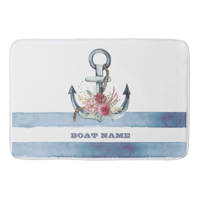 Nautical Boat Name,Anchor Flowers Stripes Bath Mat (Front)