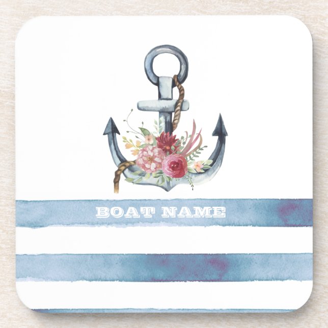 Nautical Boat Name,Anchor Flowers Stripes Beverage Coaster (Front)