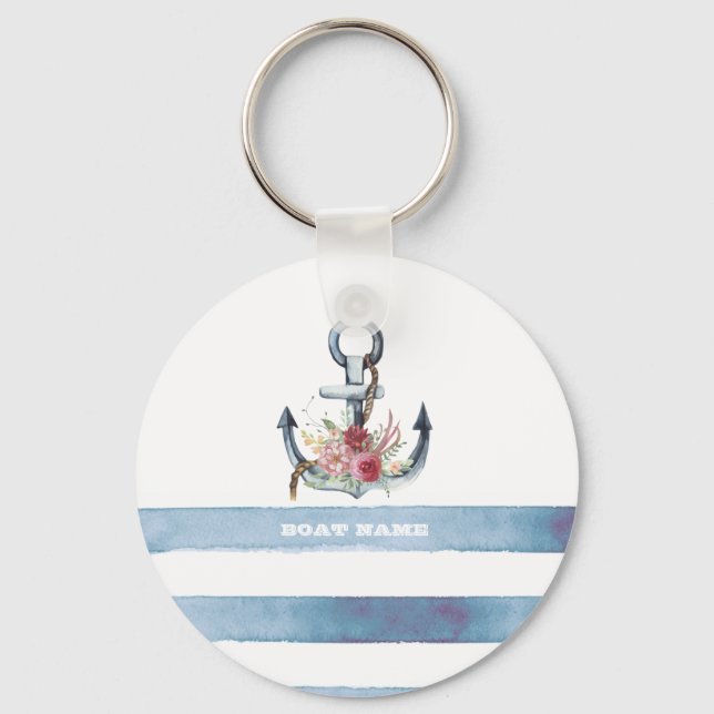 Nautical Boat Name,Anchor Flowers Stripes Keychain (Front)