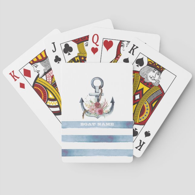 Nautical Boat Name,Anchor Flowers Stripes Poker Cards (Back)