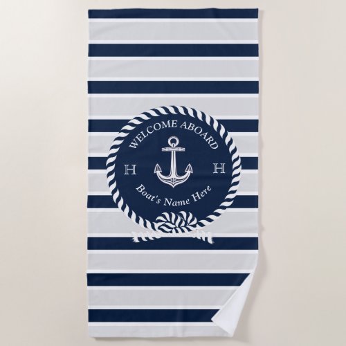 Nautical Boat Name Anchor Gray Navy Blue Welcome  Beach Towel