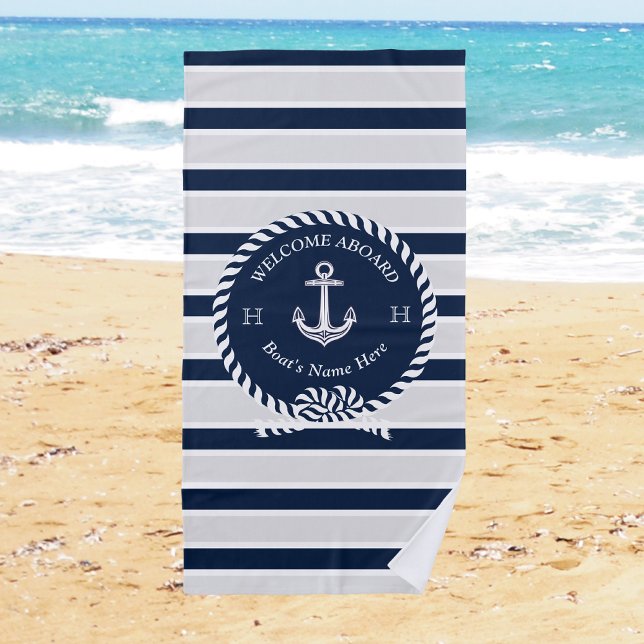 Nautical Boat Name Anchor Gray Navy Blue Welcome  Beach Towel (Creator Uploaded)