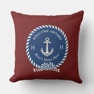 Nautical Boat Name Anchor Maroon Red Navy Blue Outdoor Pillow