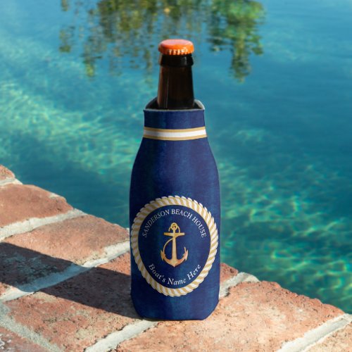 Nautical Boat Name Anchor Navy Blue and Yellow Bottle Cooler