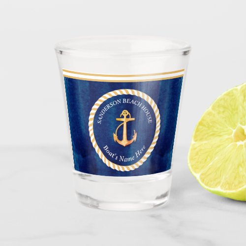 Nautical Boat Name Anchor Navy Blue and Yellow Shot Glass