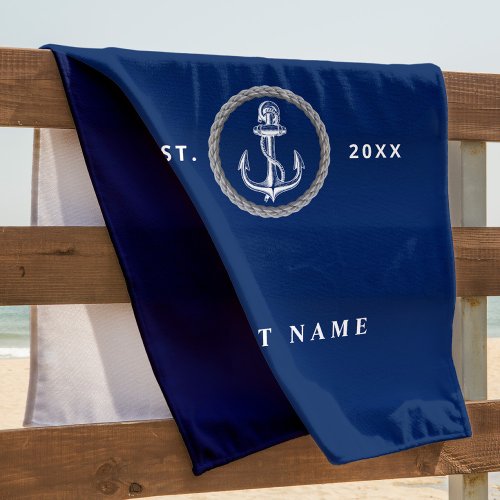 Nautical boat name anchor navy blue beach towel