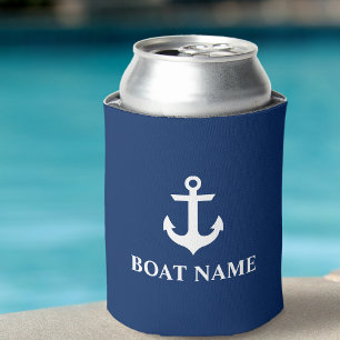 Nautical Boat Name Anchor Navy Blue Can Cooler