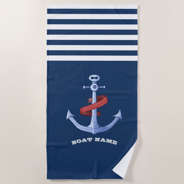 Nautical Boat Name Anchor Navy Blue Stripe Beach Towel (Front)