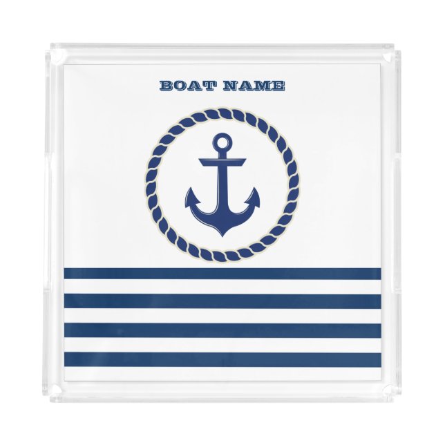 Nautical Boat Name,Anchor Navy Blue Striped Acrylic Tray (Front)