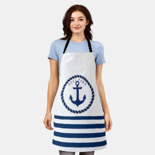 Nautical Boat Name,Anchor Navy Blue Striped Apron