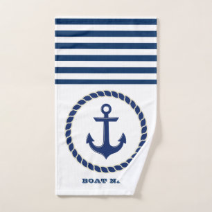 Nautical Boat Name,Anchor Navy Blue Striped Bath Towel Set
