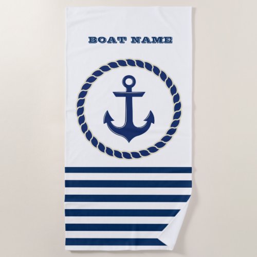 Nautical Boat NameAnchor Navy Blue Striped Beach Towel