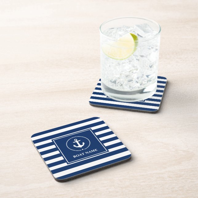 Nautical Boat Name Anchor Navy Blue Striped Beverage Coaster (Right Side)