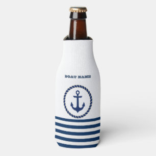 Nautical Boat Name,Anchor Navy Blue Striped Bottle Cooler