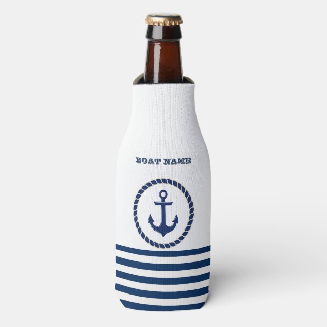 Nautical Boat Name,Anchor Navy Blue Striped Bottle Cooler (Bottle Front)