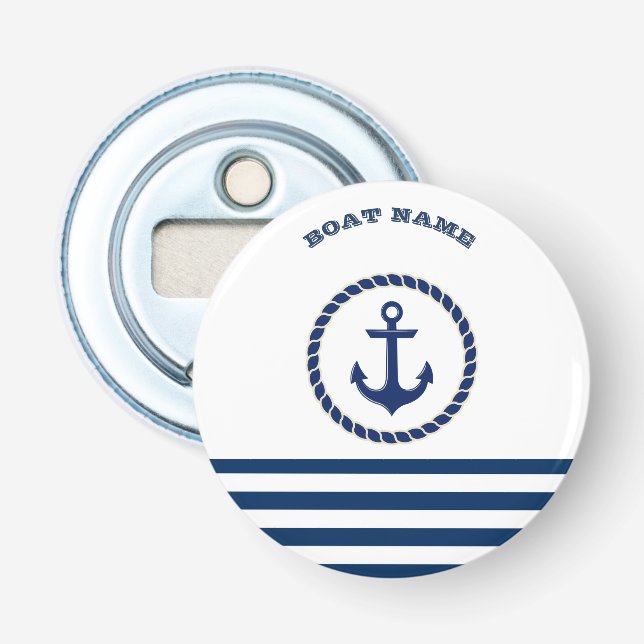 Nautical Boat Name,Anchor Navy Blue Striped  Bottle Opener (Front)