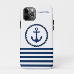 Nautical Boat Name,Anchor Navy Blue Striped iPhone 11 Pro Case