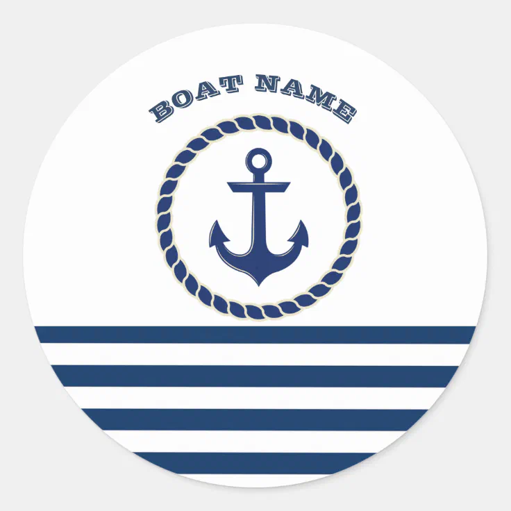 Nautical Boat Name Anchor Navy Blue Striped Classic Round Sticker Zazzle