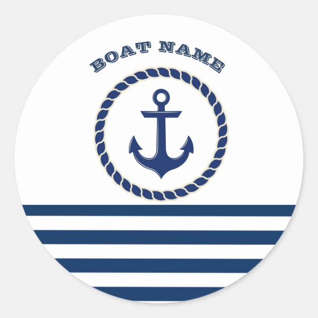Nautical Boat Name,Anchor Navy Blue Striped Classic Round Sticker (Front)