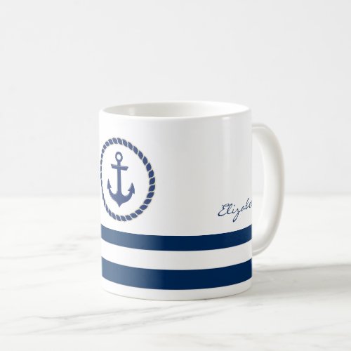 Nautical Boat NameAnchor Navy Blue Striped Coffee Mug