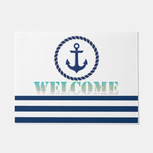 Nautical Boat NameAnchor Navy Blue Striped Doormat