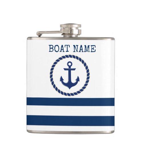 Nautical Boat NameAnchor Navy Blue Striped Flask