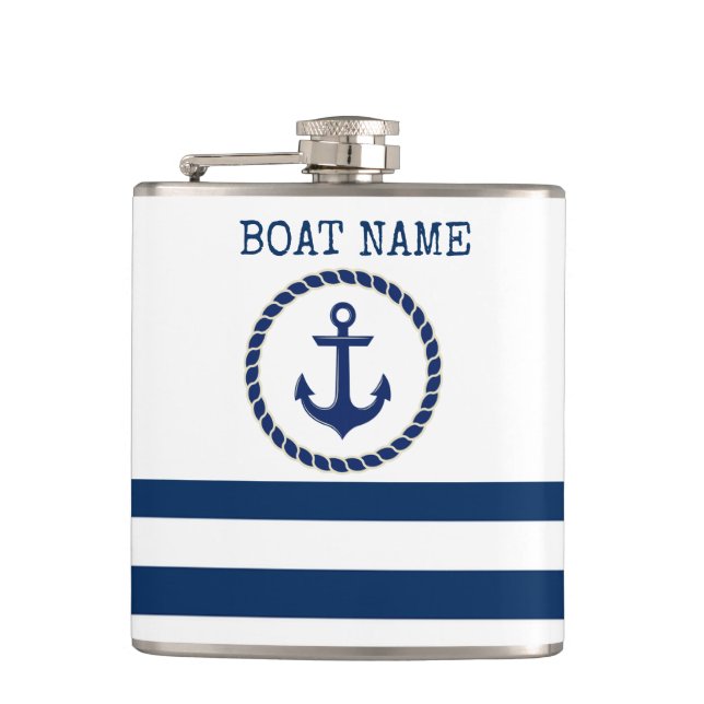 Nautical Boat Name,Anchor Navy Blue Striped Flask (Front)