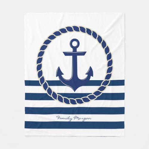 Nautical Boat NameAnchor Navy Blue Striped   Fleece Blanket