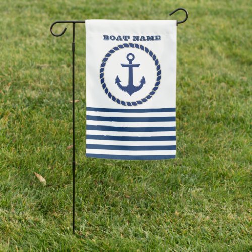 Nautical Boat NameAnchor Navy Blue Striped Garden Flag