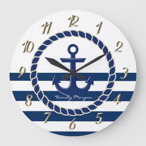 Nautical Boat NameAnchor Navy Blue Striped Large Clock