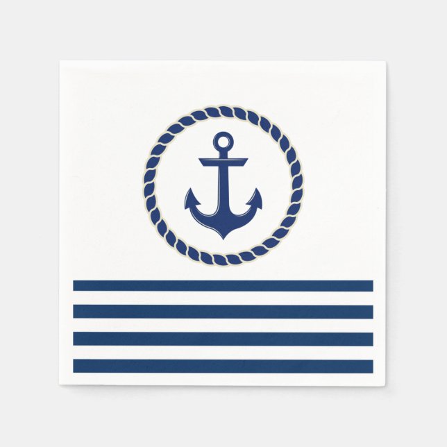 Nautical Boat Name,Anchor Navy Blue Striped Napkins (Front)