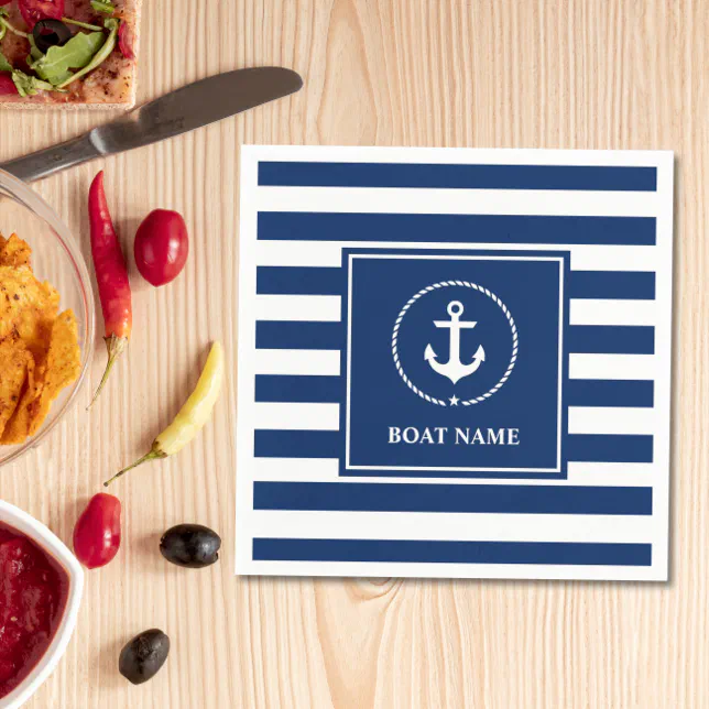 Nautical Boat Name Anchor Navy Blue Striped Napkins Zazzle