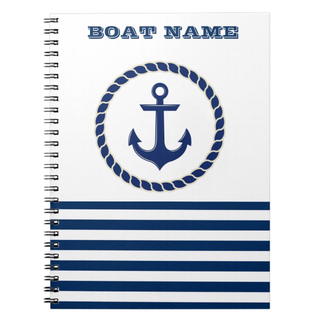Nautical Boat Name,Anchor Navy Blue Striped Notebook (Front)
