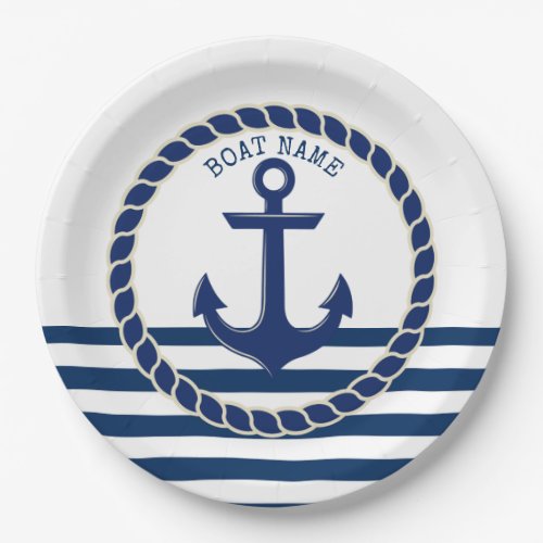 Nautical Boat NameAnchor Navy Blue Striped Paper Plates