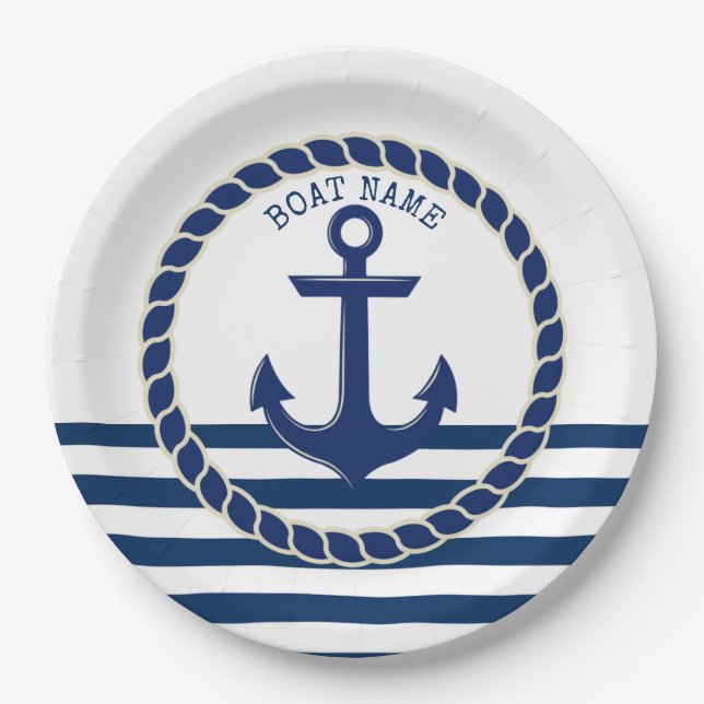 Nautical Boat Name,Anchor Navy Blue Striped Paper Plates (Front)