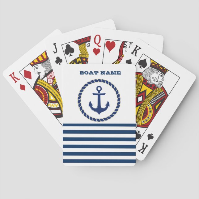 Nautical Boat Name,Anchor Navy Blue Striped Poker Cards (Back)